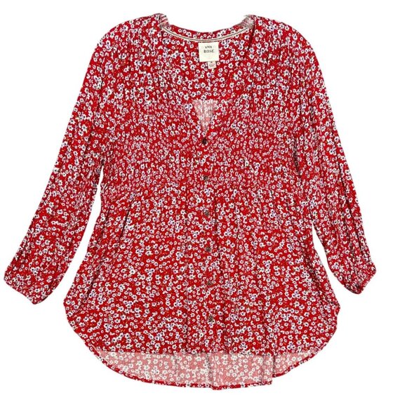 Knox Rose Red Distsy Floral Boho Peasant Top Women’s Medium Long Sleeve Flowy - Picture 1 of 12
